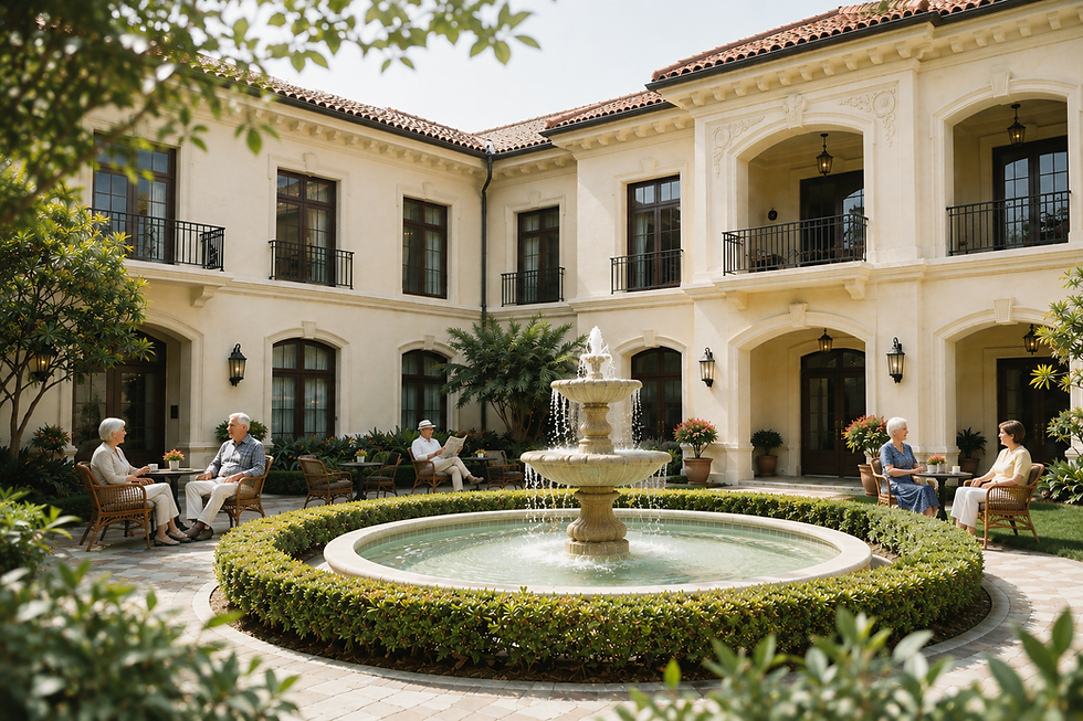 Seniors in a courtyard for senior housing investment.