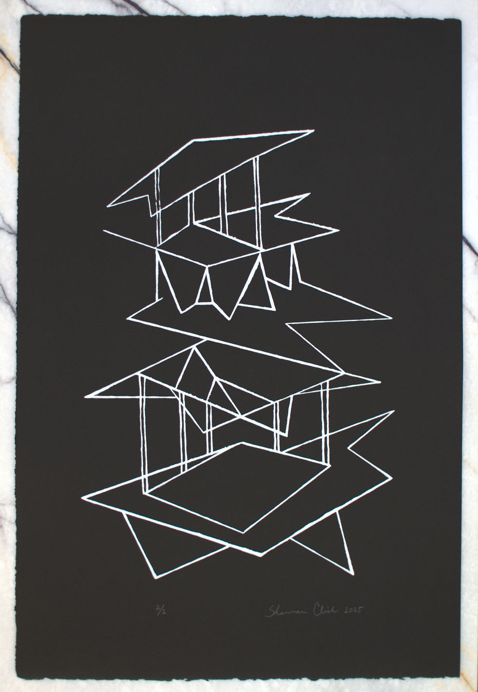 Thumbnail: Geometric architectural silkscreen with white lines against the black background, Shannan Click.
