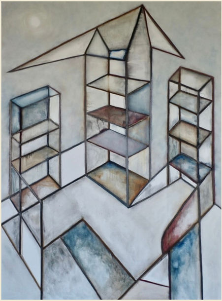 Abstract art with geometric shapes and shelving, oil painting on neutral background. "She Glows" by shannan click