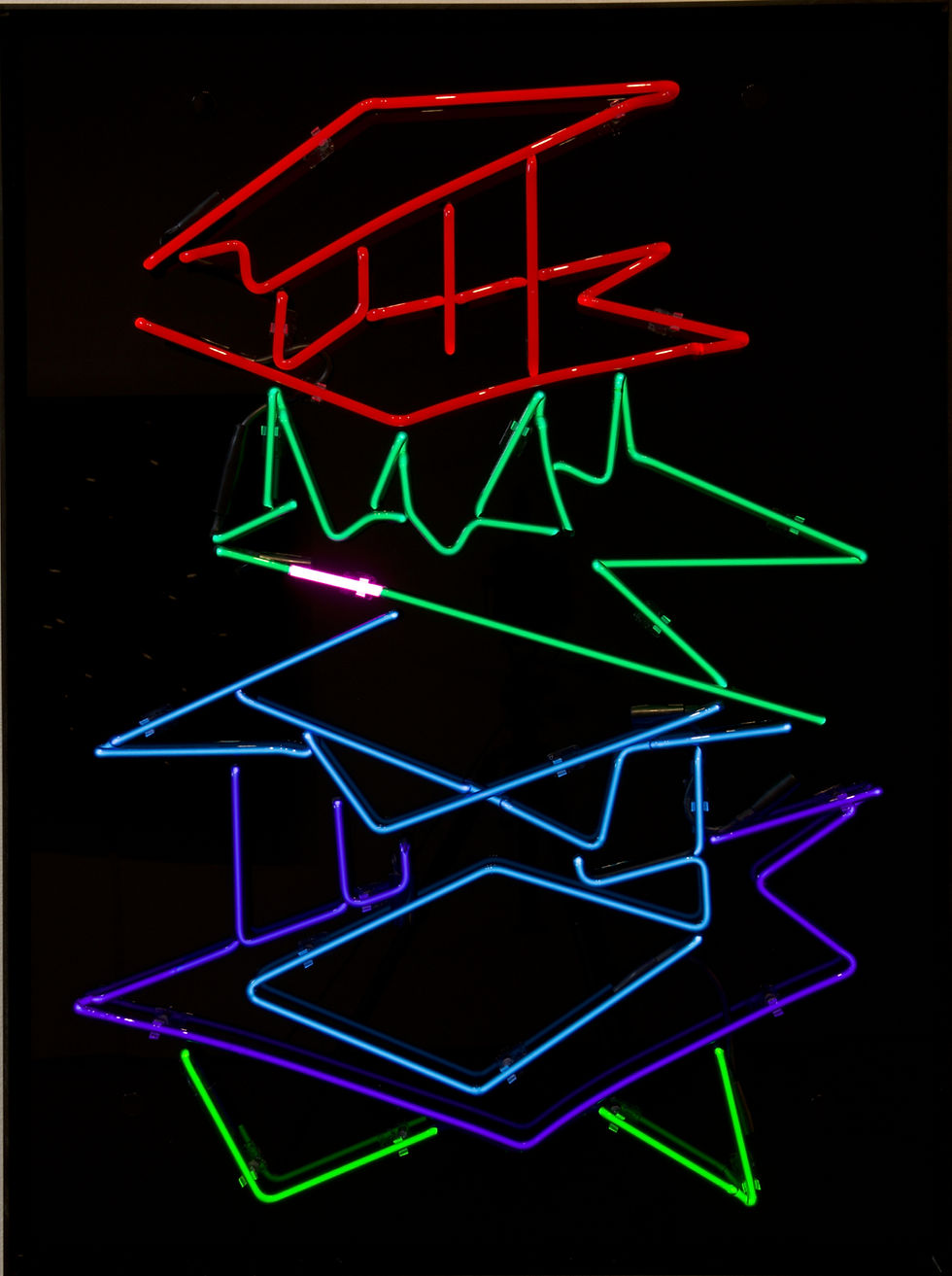 Abstract neon light shapes stacked with Electric Light BOX 4 against black background.