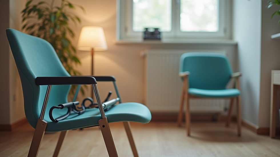 Close-up view of a chair with exercise bands in a therapy room