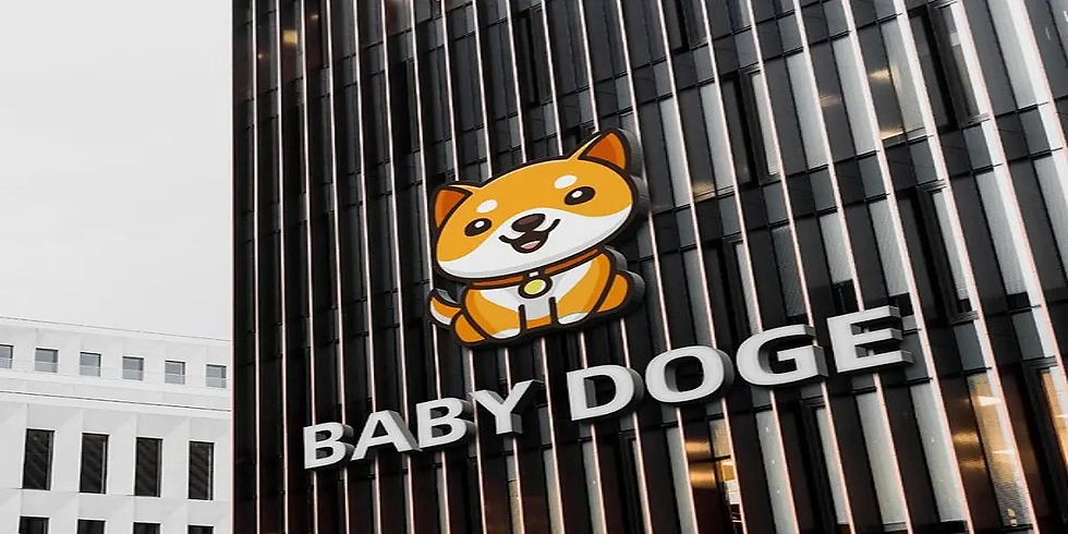 Photo of the Baby Doge logo displayed on a modern building, symbolizing BabyDoge’s blockchain security audits and certifications by CertiK.