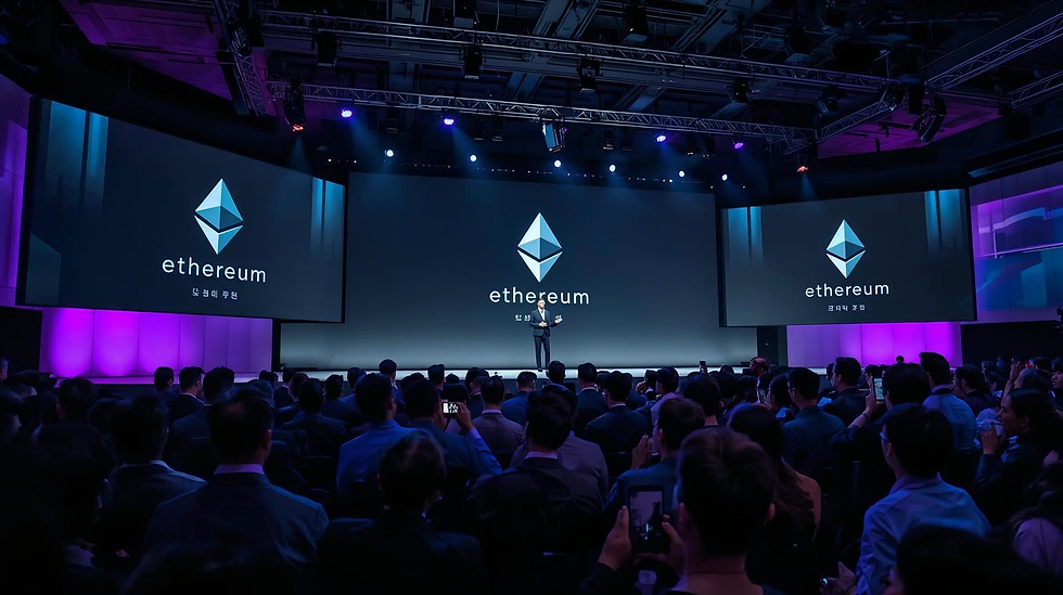 South Korean investors attending Ethereum treasury company presentation in Seoul with ETH logos on screens showing $6 billion retail capital investment trend