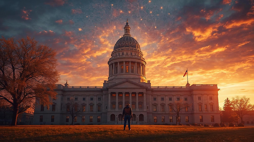 Cowboy standing before the Wyoming State Capitol dome at sunset, representing the launch of Frontier Stable Token (FRNT), America’s first state-issued stablecoin backed by U.S. dollars and Treasuries.