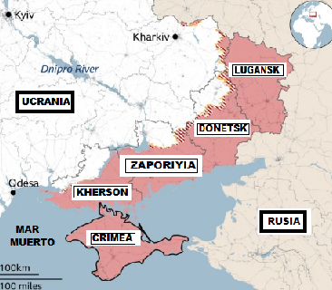 ASÍ ESTPA EL MAPA DE LOS TERRITORIOS CONQUISTADOS POR RUSIA SOBRE UCRANIA.