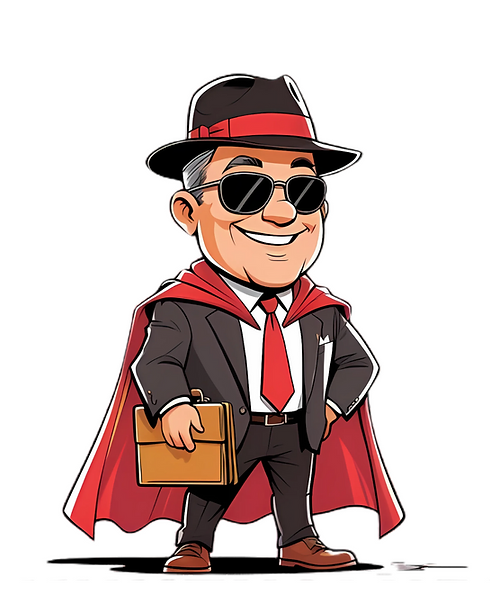 Vakuutusmies isossa kuvassa hattu ja viitta päällään