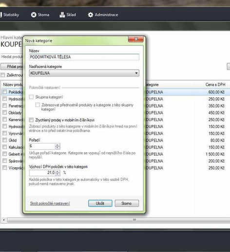 Formulář nastavení kategorií - pokladní systém ZaKasou
