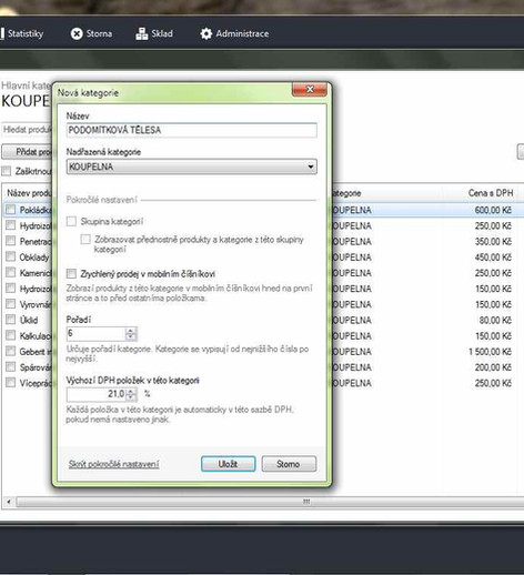 Formulář nastavení kategorií - pokladní systém ZaKasou