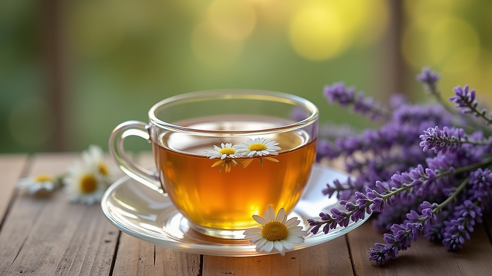 Eye-level view of a cup of chamomile tea with lavender sprigs on a wooden surface