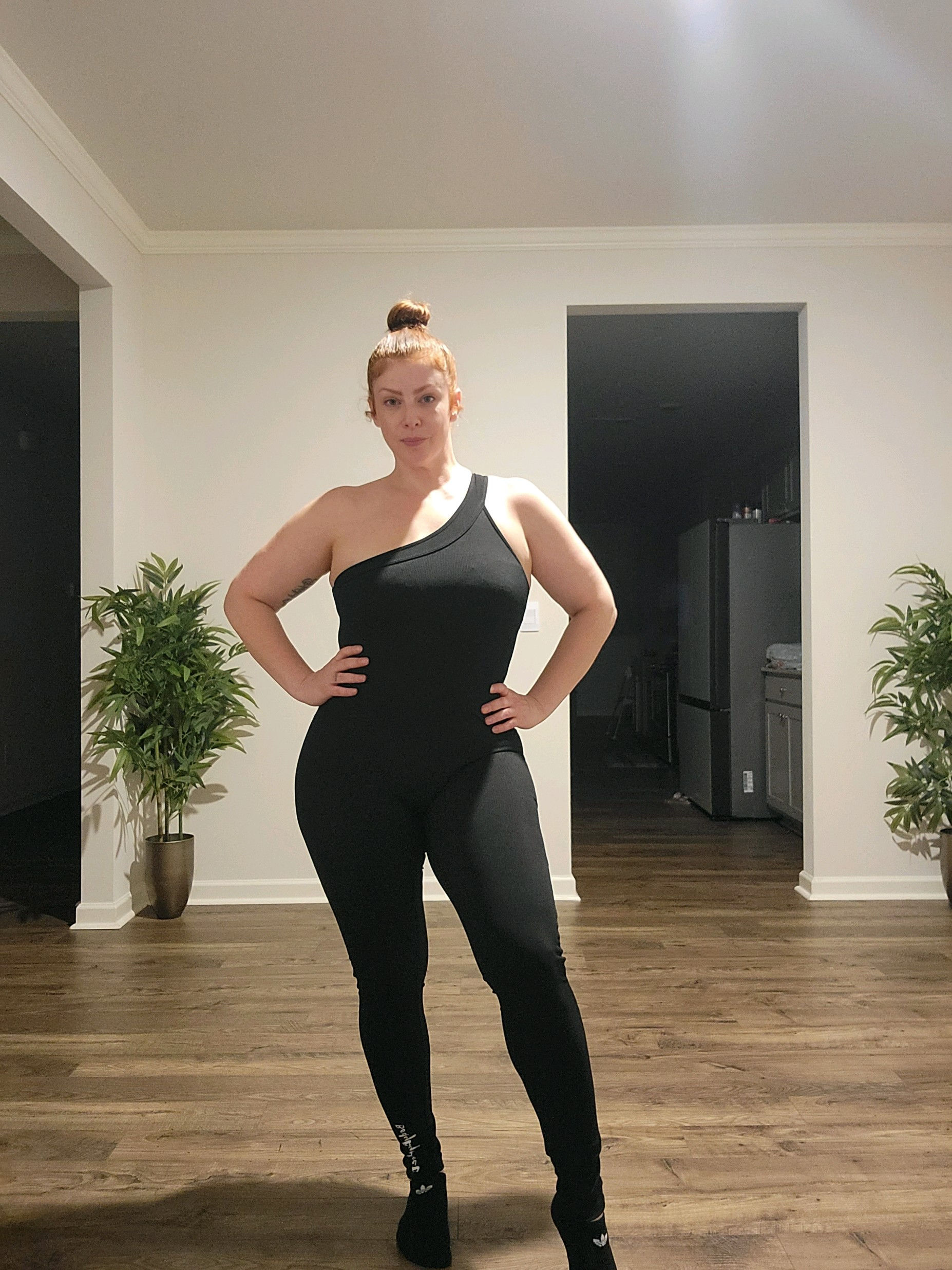 Black One Shoulder Jumpsuit Purple cropped  hoodie sold separate 