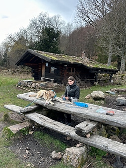 Julie Séférian de Robinsonner Ensemble avec Aska sur une table, croisé husky-staff