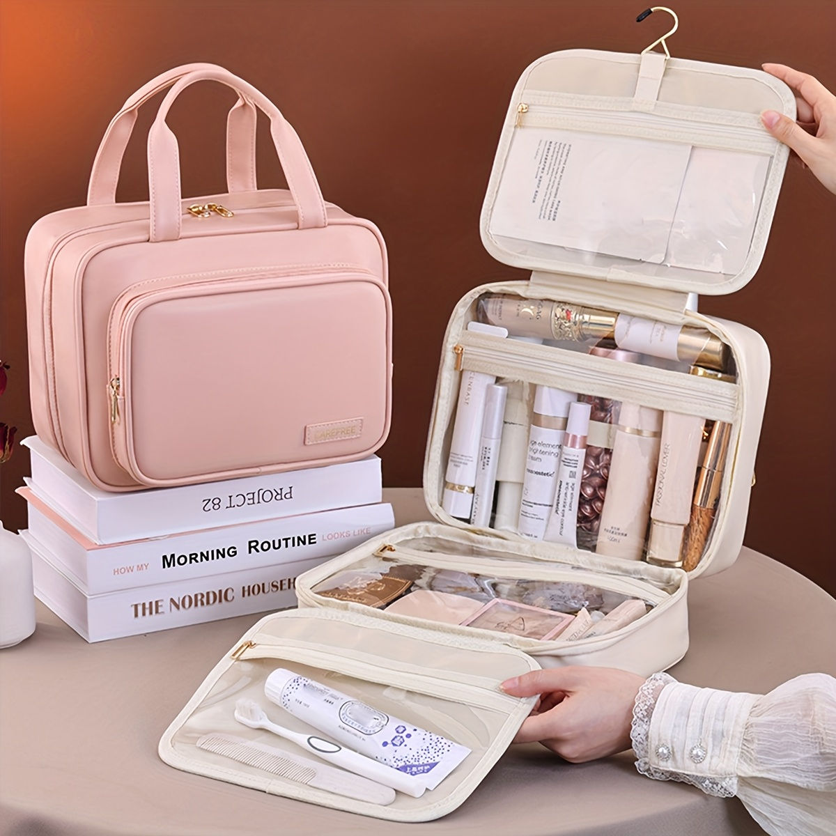 New PU Leather Hanging Cosmetic Bag For Women Portable Storage Makeup Organizer