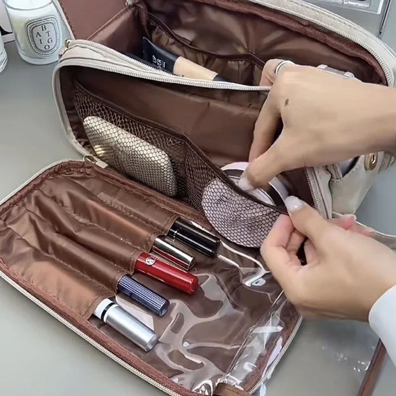 Thumbnail: Multifunctional Makeup Bag For Women PU Leather Large Capacity Portable Double Z