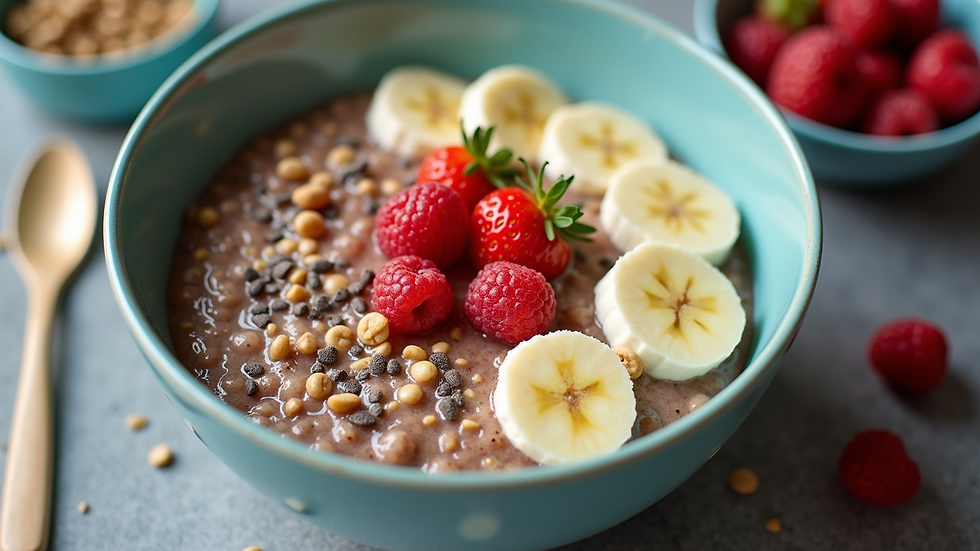 Overhead view of a colorful bowl of overnight oats with sliced bananas and chia seeds