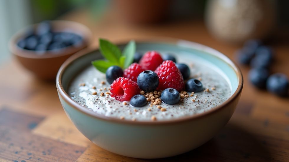 Close-up of a bowl of chia seed pudding topped with berries