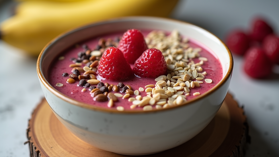 A vibrant smoothie bowl garnished with fruits and seeds