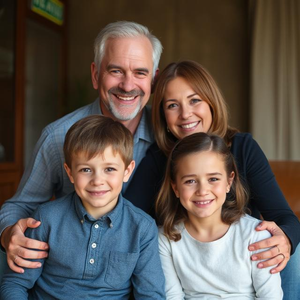 Parents with children posing naturally in a golden hour family portrait on-location in New Jersey