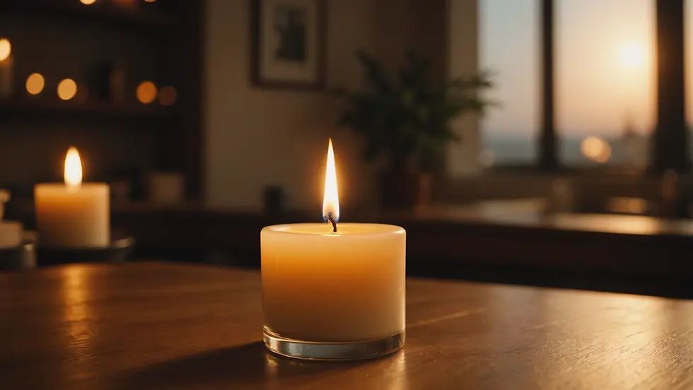 Eye-level view of a lit candle reflecting warm light on a cozy setting