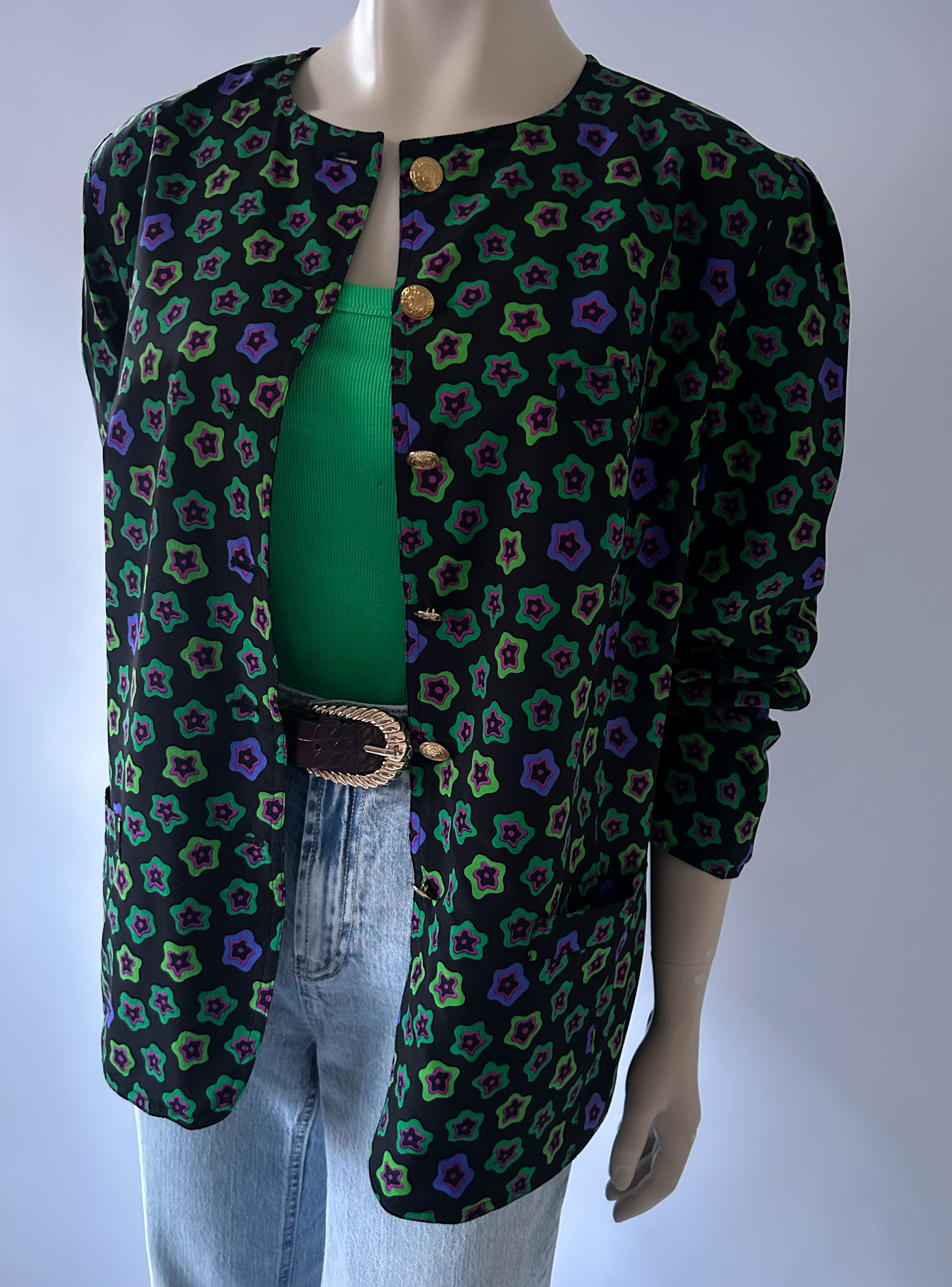 Vintage Zijde Blouse Jasje – Zwart, Groen, Bloemenprint