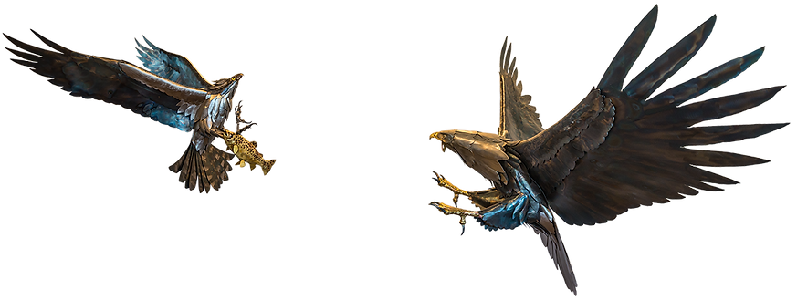 metal sculpture of a bald eagle blindsiding an osprey with fish in talons