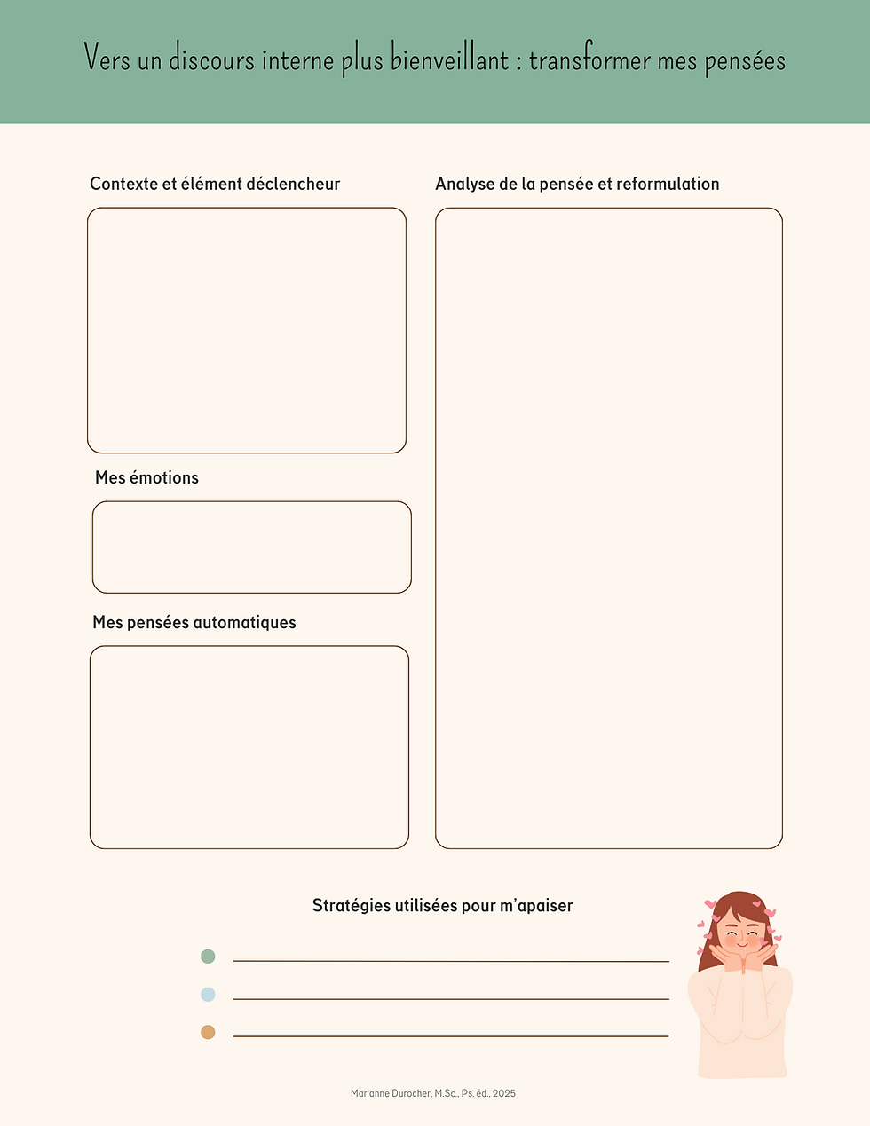 Miniature : Restructuration cognitive, journal autocompassion, théorie cognitivo-comportementale, TCC, pensées automatiques, émotions