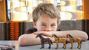 Autistic Child playing with toy horses in an RV