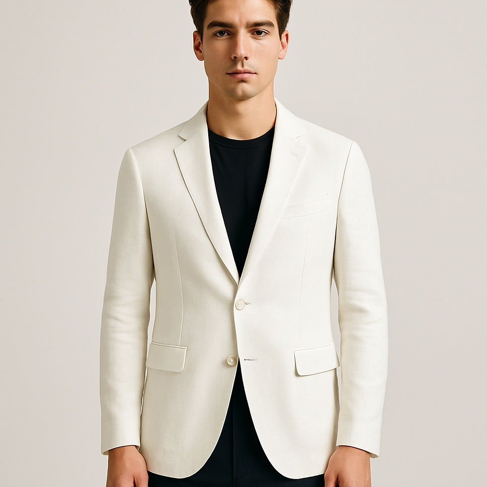 Man in white blazer, black shirt. Professional fashion style. Studio shot.