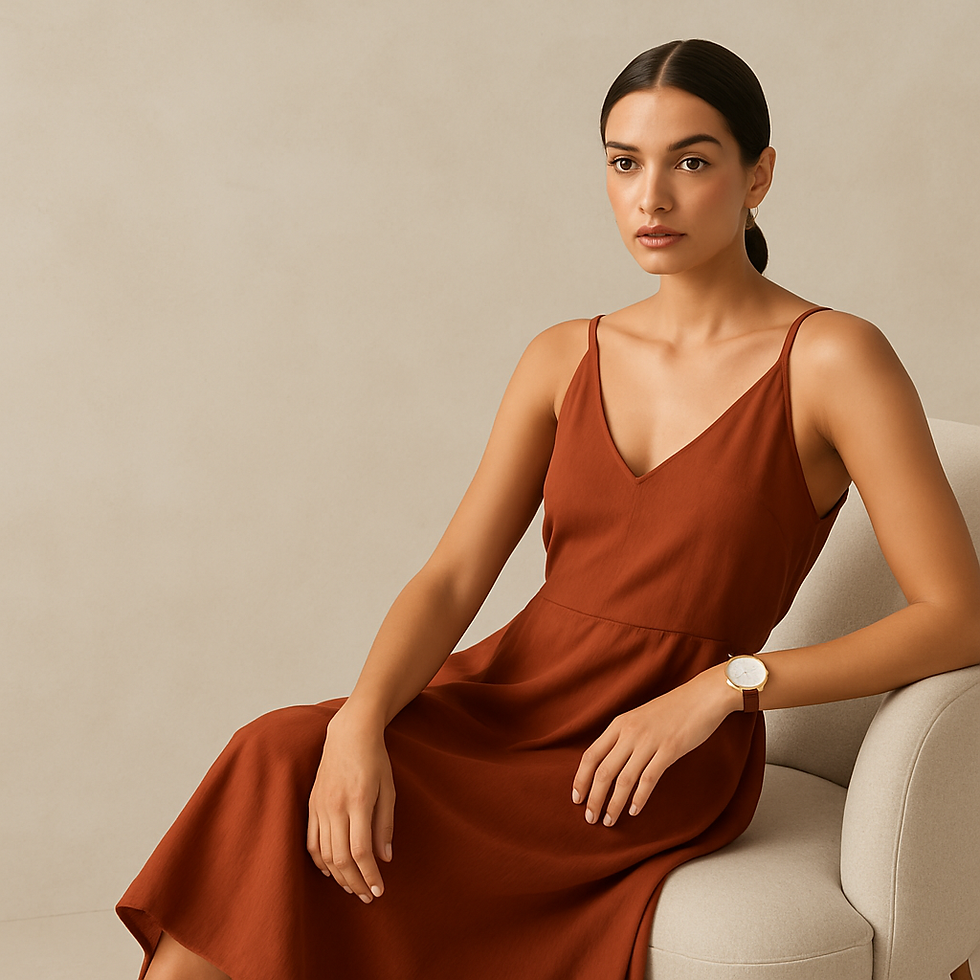 Woman in a brown Satin Wrap Midi Dress, sitting on a cream chair.