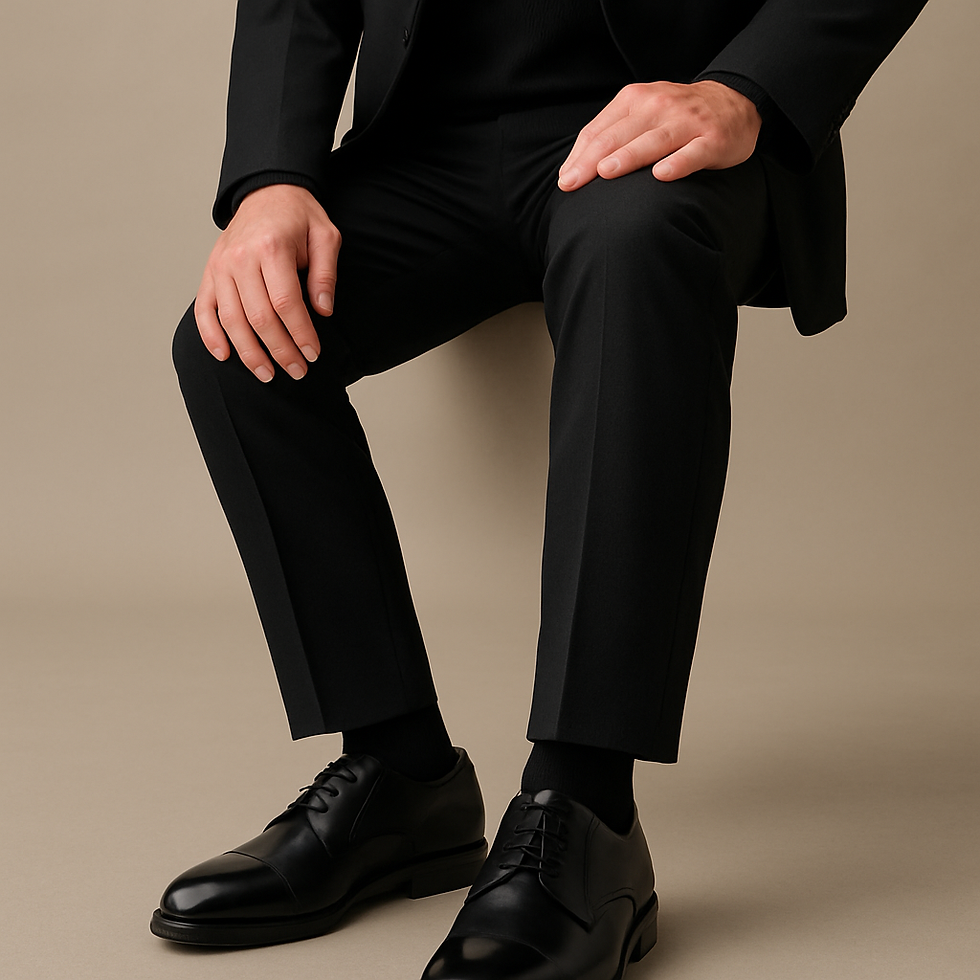 Man in black suit sitting, wearing black shoes, My Site 48.