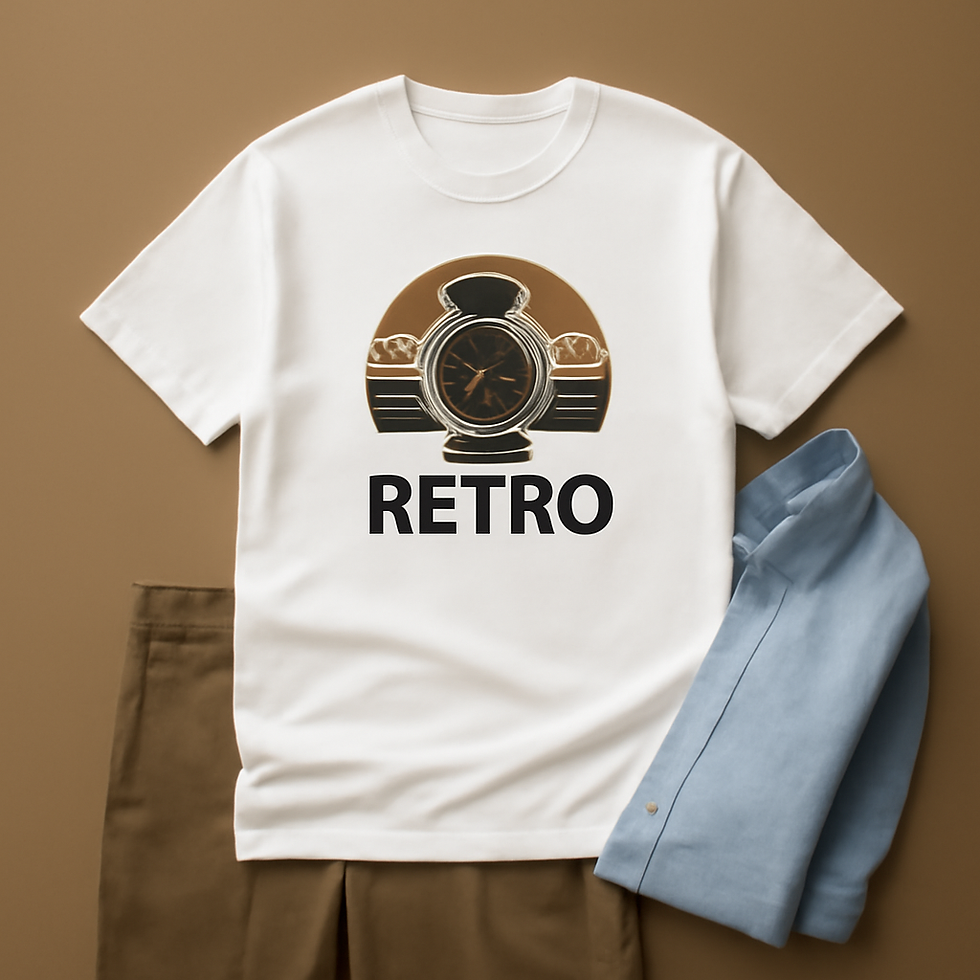 White t-shirt with "RETRO" logo, Classic White Oxford Button-Down Shirt, and pants.