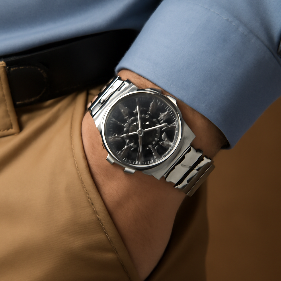 Man wearing a silver watch with black dial and blue shirt.