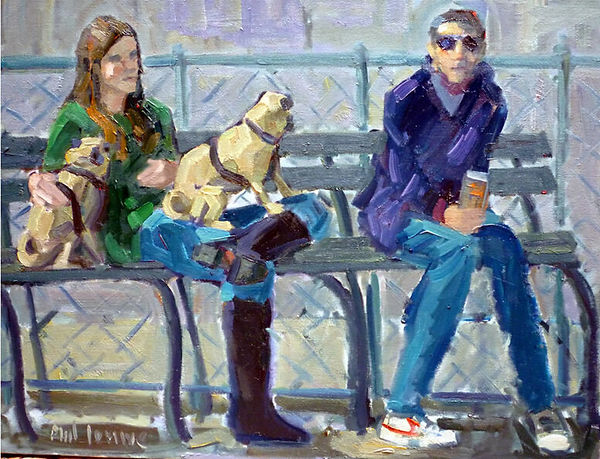 pugs in wash park oil portrait on canvas by Philip Levine