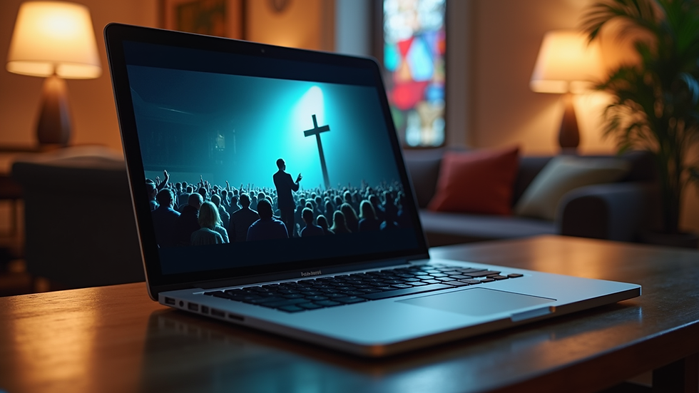 Eye-level view of a laptop displaying a virtual church service
