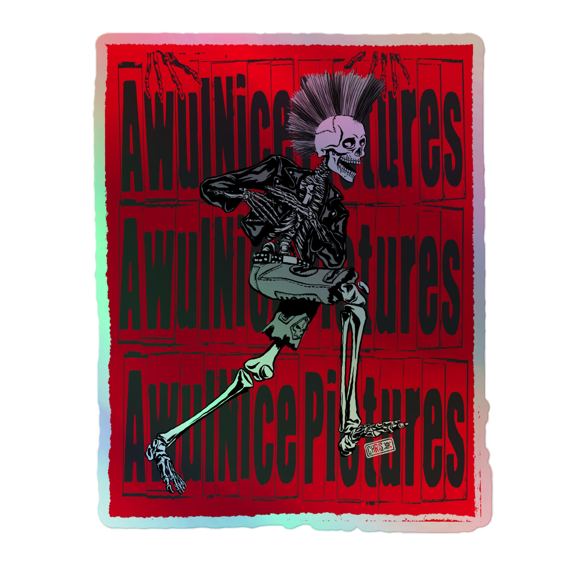 mohawk skeleton RED Holographic sticker