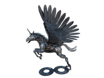 Side view of handmade steel Pegasus sculpture showing detailed feather wings, mechanical horse body and chain tail.