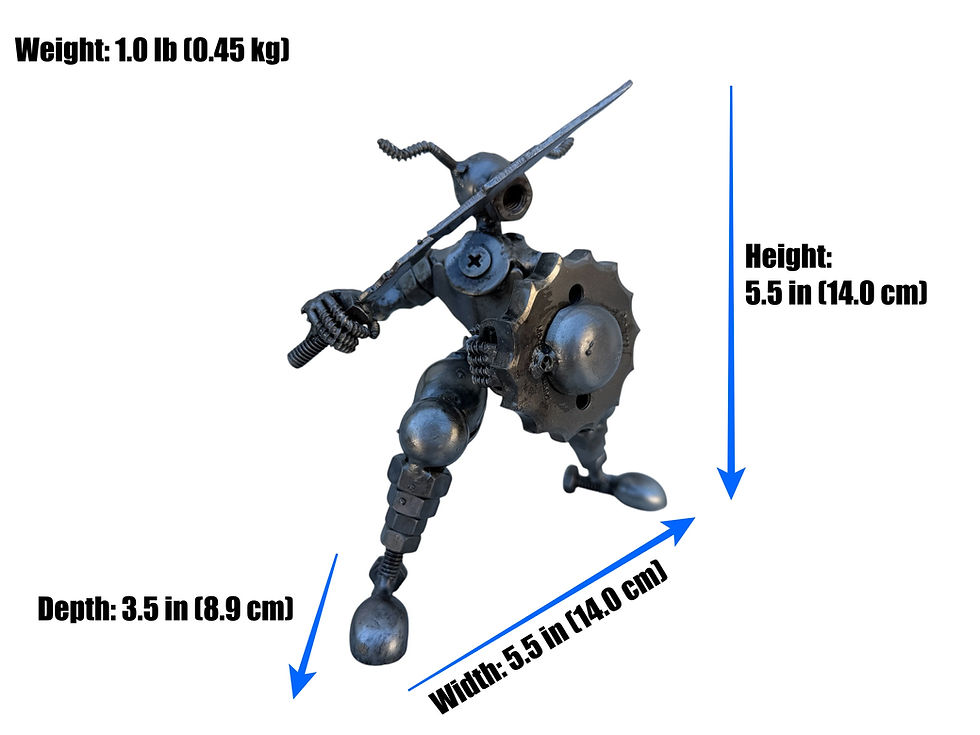Front view of Iron Hoplite recycled metal warrior sculpture holding a sword and round gear shield.