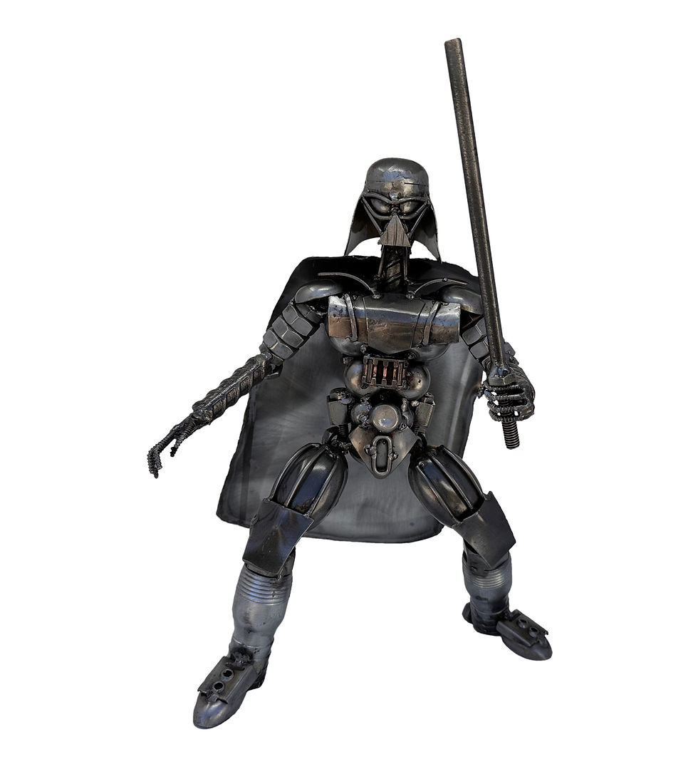 Front view of Darth Vader inspired recycled metal sculpture showing handcrafted scrap‑steel armor and cape details.