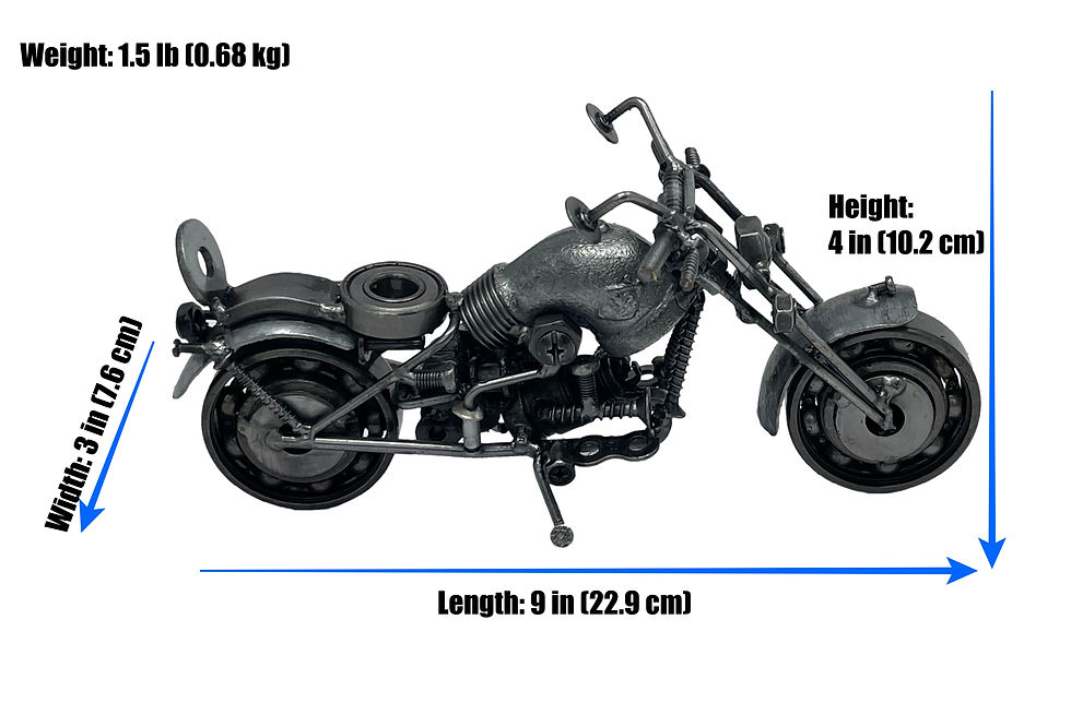 Handmade recycled metal cruiser motorcycle sculpture on white background