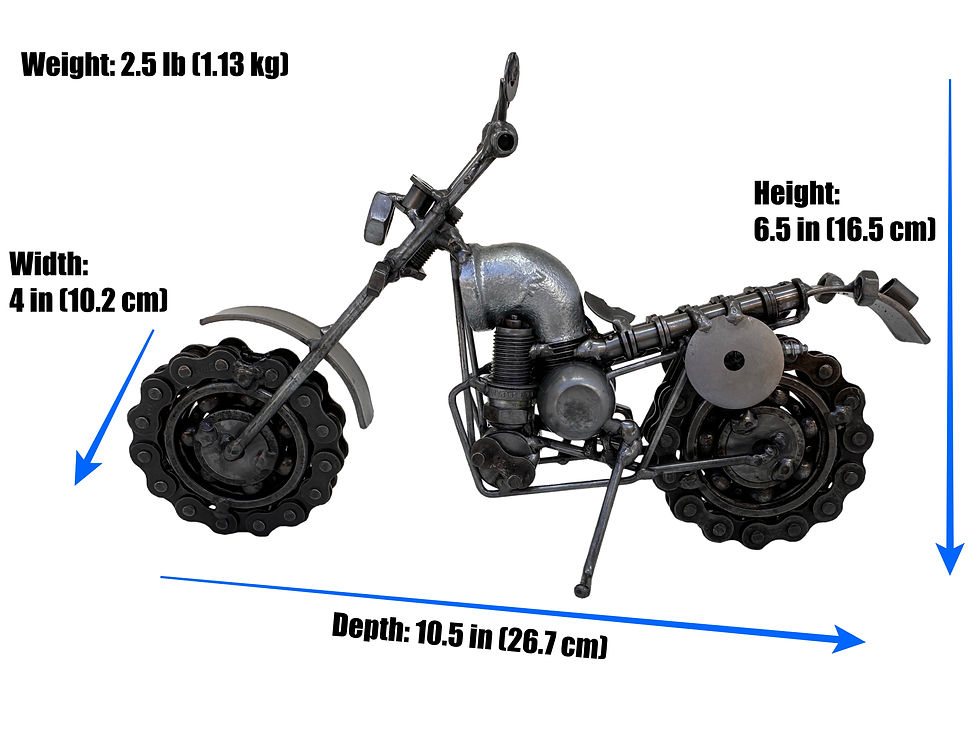 Motocross recycled metal sculpture handcrafted from reclaimed steel, side view