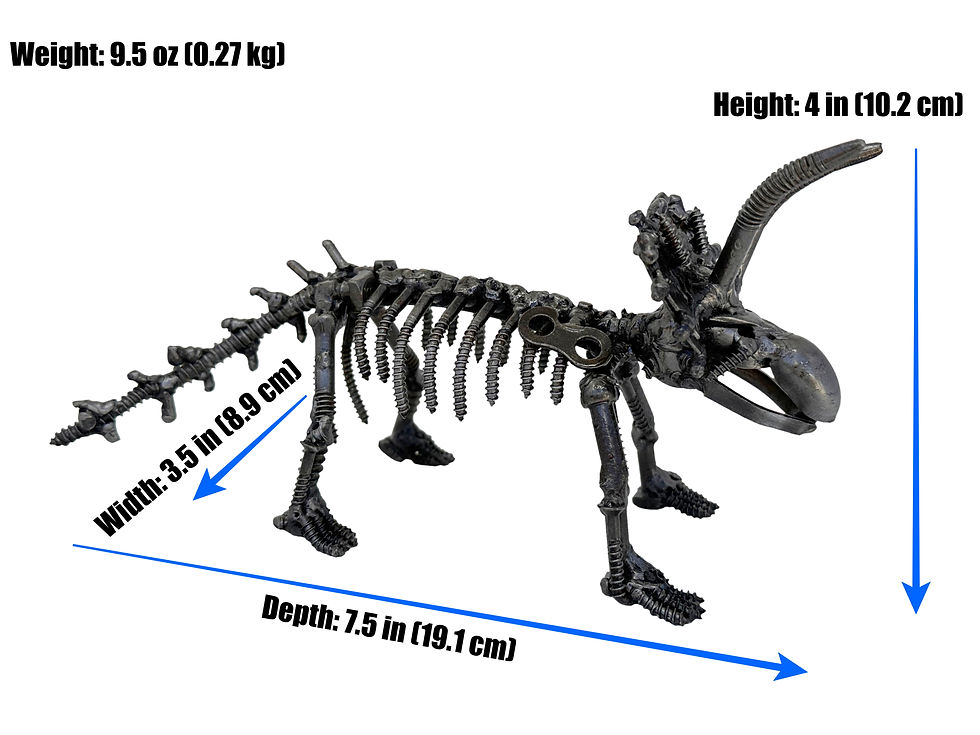Side view of Iron Horn Triceratops recycled metal dinosaur sculpture on white background