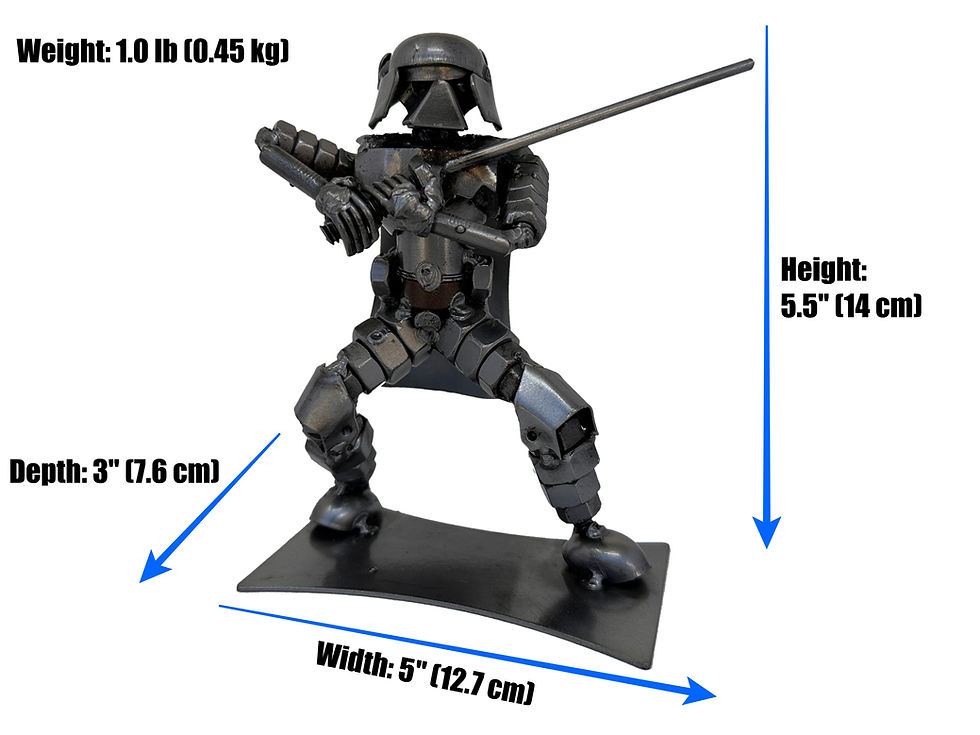 Mini Dark Lord Trio sculpture with labeled measurements showing height, width, and depth.