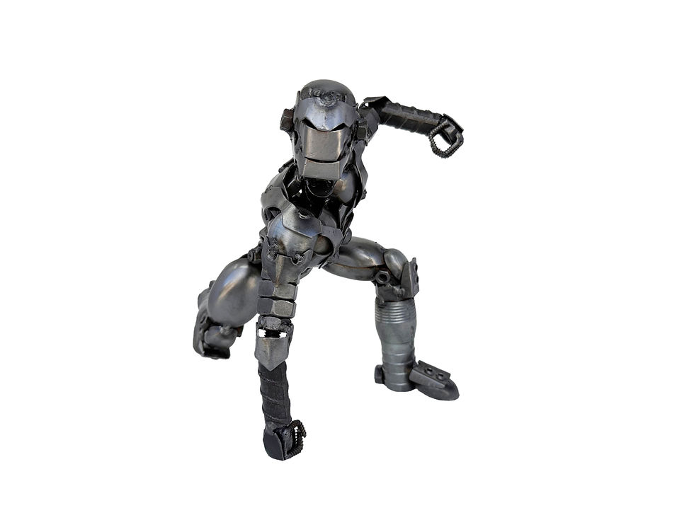 Handmade Iron Man Mark 2 recycled metal sculpture in kneeling action pose