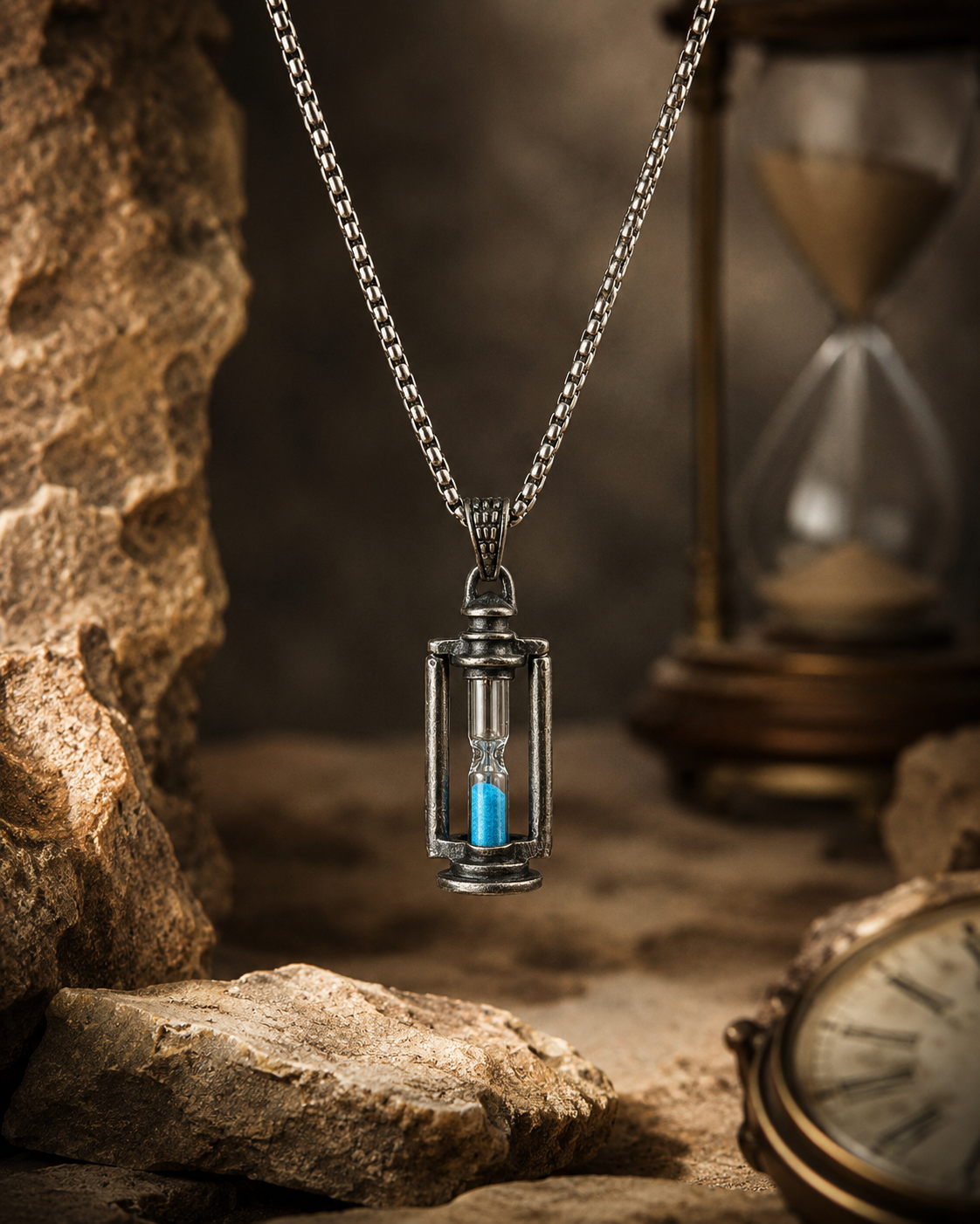Hourglass Timekeeper Stainless Steel Necklace styled with rocks, vintage clock, and warm time-inspired background.