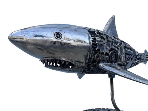 Handmade Shark scrap metal sculpture by Metalsouls, crafted from recycled parts into a one-of-a-kind wildlife art piece.