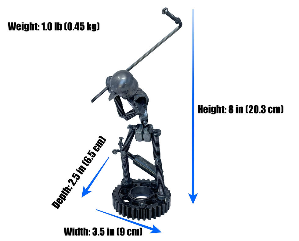 Driving golfer metal sculpture with size details, 8 x 3.5 x 2.5 inches.