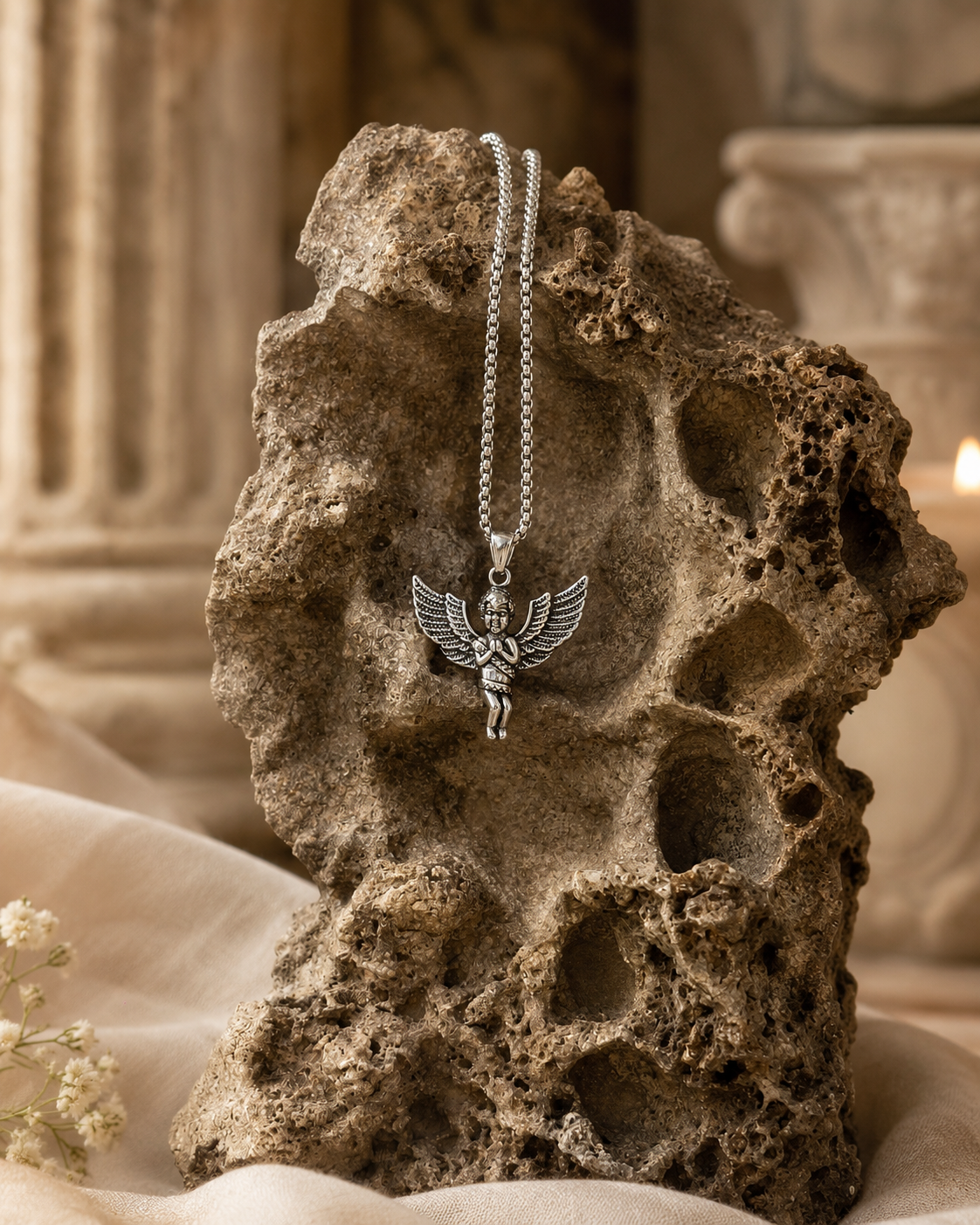 Guardian Angel Stainless Steel Necklace styled on a natural stone display with soft spiritual background.