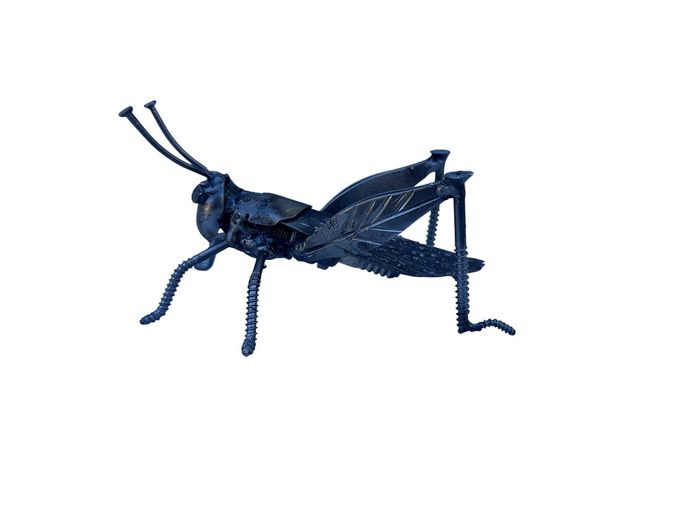 Thumbnail: Iron Chirper recycled metal cricket insect art side view