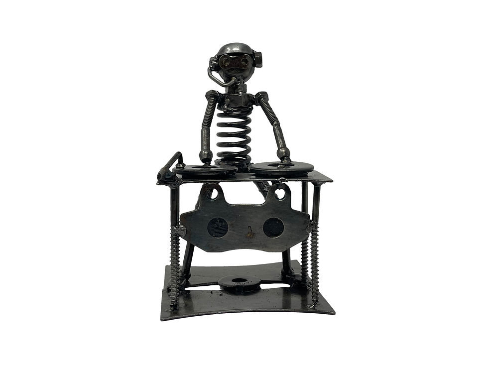 Front view of classic DJ recycled metal sculpture inspired by old school vinyl mixing
