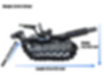 Recycled metal military tank sculpture with labeled dimensions