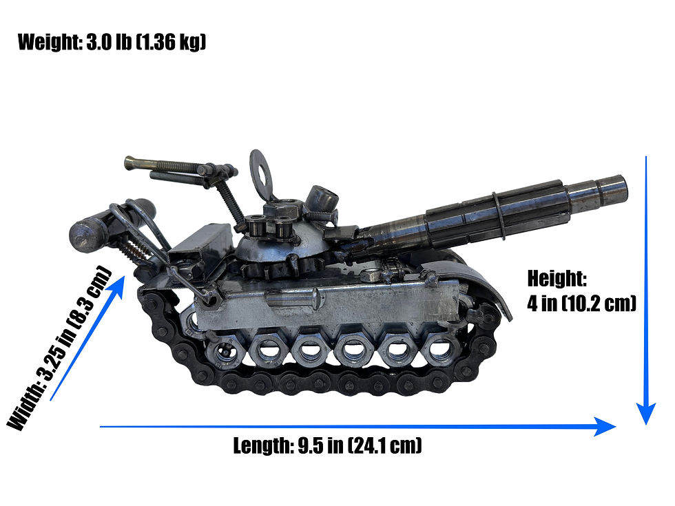 Recycled metal military tank sculpture with labeled dimensions
